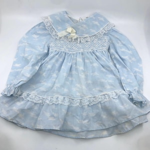 2T Vintage Claire Bell blue sky and white birds print frilly lace dress made in Canada