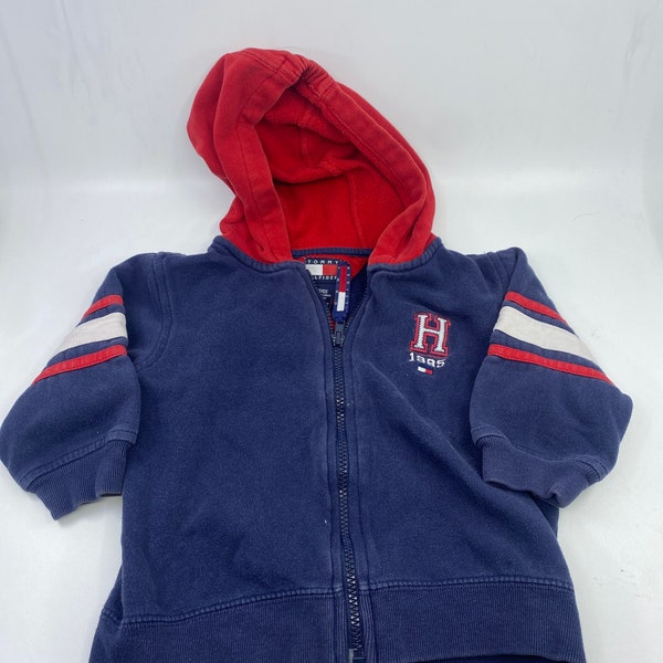 Vintage Tommy Hilfiger zip up baby toddler hoodie navy blue and red 90s Y2k size 12m - 18m