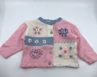 12M Vintage Nevada jeans knit sweater pink and blue floral button up cardigan