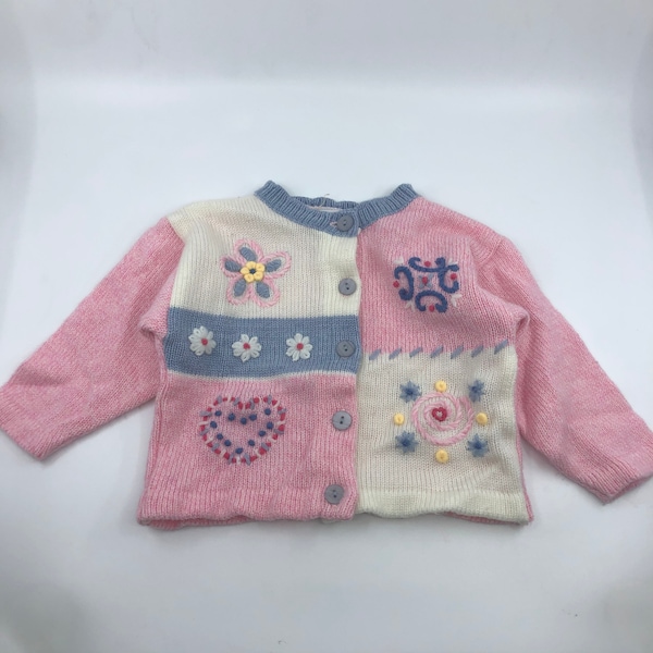 12M Vintage Nevada jeans knit sweater pink and blue floral button up cardigan