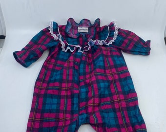 Vintage Jackie’s Girls plaid frilly onesie purple and green made in USA size 6m