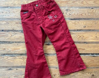 Vintage Oshkosh B’Gosh red denim floral bell bottom pants made in Canada size 4T