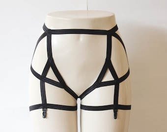 Sexy Black Garter Belt: Body Cage Garters, Body Harness Garter Belt, Black Lingerie, Black Garters, Burlesque Costume, Black Suspender Belt