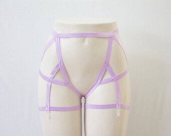 Purple Garter Belt: Lavender Body Harness, Purple Lingerie, Exotic Dancewear, Festival Shorts, High Waist Underwear, Pastel Goth Clothing