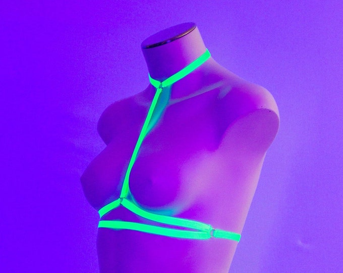 Sexy Body Harness Lingerie Bralette: Neon Green Bralette, Strappy Exotic Dancewear, Festival Outfit, Rave Fashion, Glow Clothing, Halter Top