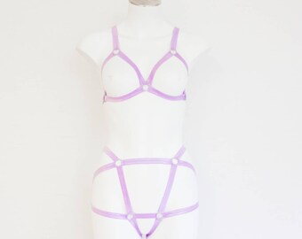 Pastel Goth Clothing: Purple Lingerie, Purple Body Harness, Festival Outfit, High Waist Underwear, Exotic Dancewear, Purple Bralette, Lilac