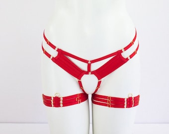 Red Body Harness Lingerie: Red Panties, Open Crotch Knickers, Strappy Harness Panties, Red Leg Garter Belt, Adjustable Harness, Exotic Dance