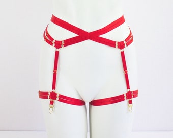 Red Body Harness Lingerie: Red Garter Belt, Cage Garter Belt, Costume Harness, Waist Garter Belt, Adjustable Harness, Exotic Dancewear