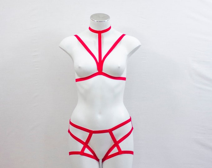 Red Lingerie: Red Body Harness Set, Exotic Dance Outfit, Cage Bralette, Red Halter Top, Booty Shorts, Strappy Lingerie, Pin Up Fashion, Red