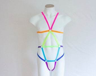 Mens Body Harness: Rainbow Lingerie, Pride Outfit, Festival Fashion, Men's Underwear, Neon Rave Outfit, Gay Clothing, LGBTQ, Mens Bodysuit