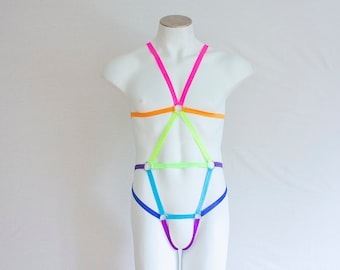 Mens Body Harness: Rainbow Lingerie, Pride Outfit, Festival Fashion, Men's Underwear, Neon Rave Outfit, Gay Clothing, LGBTQ, Mens Bodysuit