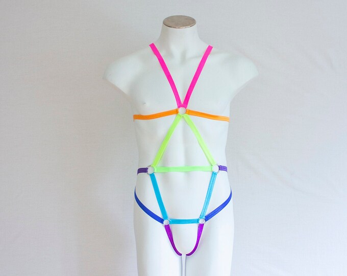 Ready To Ship! Mens Body Harness: Rainbow Lingerie, Pride Outfit, Festival Fashion, Men's Underwear, Neon Rave Outfit LGBTQ, Mens Bodysuit