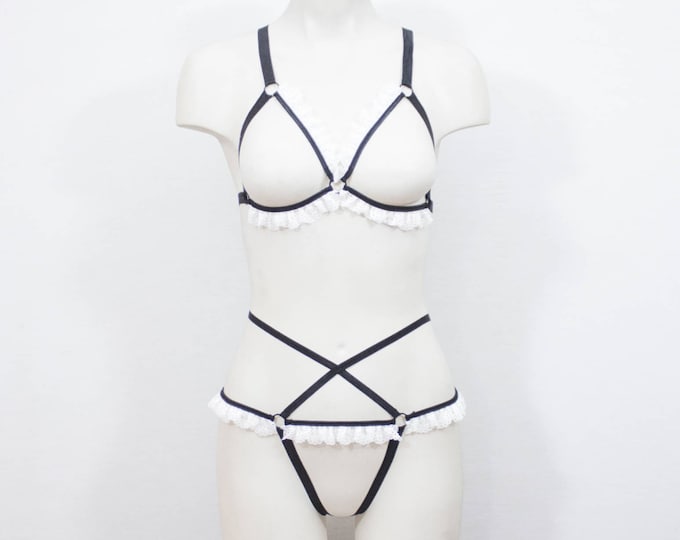 Black White Lingerie: Body Harness Lingerie, Maid Costume, Adult Cosplay, Ruffle Panties, Cage Bralette, Strappy Panties, Plus Size Harness
