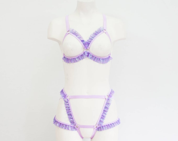 Purple body Harness Lingerie: Purple Lingerie, Burlesque Bra, Festival Harness, Pin Up Fashion, Pastel Goth, Pastel Punk, Ruffle Underwear