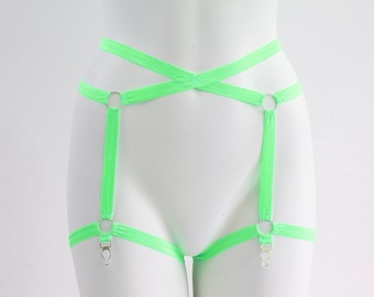 Neon Green Cage Garter Belt: UV Reactive Festival Harness