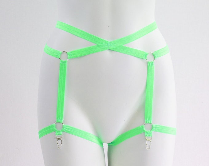 Neon Green Garter Belt: Body Cage, Body Harness, Neon Clothing, Festival Wear, Green Garters, Burlesque Costume, Green Lingerie, Cage Garter