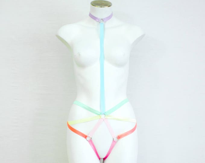 Pastel Rainbow Body Harness: Exotic Dancewear, Rainbow Harness, Pastel Lingerie, Rainbow Fashion Outfit, Pride Parade, Plus Size Lingerie