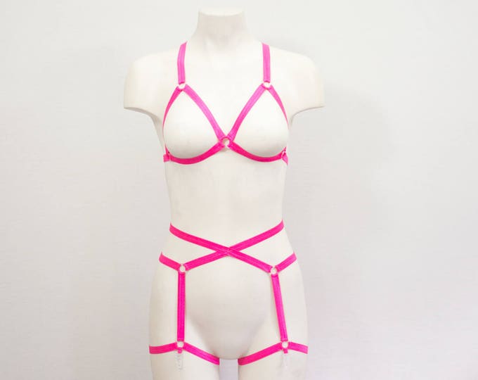 Neon Harness Lingerie: Pink Garter Belt, Pink Cage Bralette, Neon Clothing, Exotic Dancewear, Strappy Lingerie, Open Crotch, Rose Lingerie