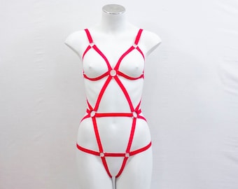 Red Body Harness: Red Lingerie, Festival Bodysuit, Exotic Dancewear, Boudoir, BDSM, Strappy Lingerie, Adult Devil Costume, Pin Up Fashion