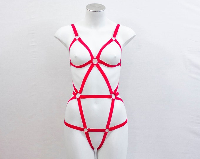 Red Body Harness: Red Lingerie, Festival Bodysuit, Exotic Dancewear, Boudoir, BDSM, Strappy Lingerie, Adult Devil Costume, Pin Up Fashion