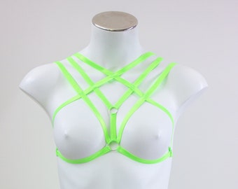 Neon Green Cage Bralette, Festival Top, Rave Bikini, Body Harness Lingerie, Sexy Strappy Bra, Exotic Dancewear, Glow Clothing, Plus Size