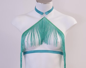 Emerald Green Blacklight Festival Tassel Cage Bralette: Rave Halter Top, Exotic Stripper Dancewear