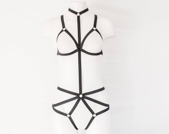 Black Body Harness: Open Crotch Lingerie, Strappy Bodysuit, Bondage Accessory, Women's Fashion, Boudoir, Black Bralette, Plus Size Harness