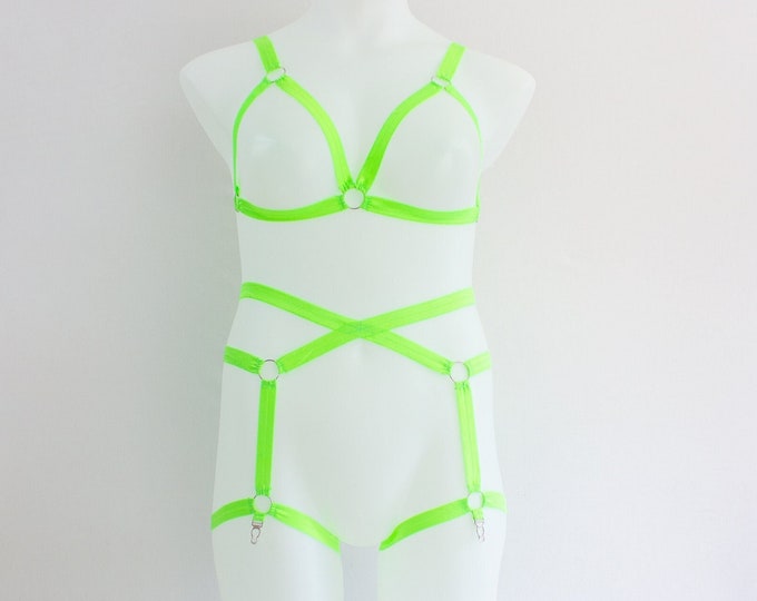 Thick Strap Body Harness Lingerie Set in Neon Green: Green Bralette, Green Garter Belt, Strappy Harness, Glow Clothing, Festival Harness