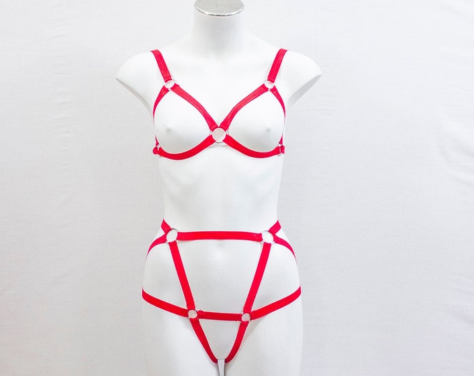 Red Body Harness Lingerie Set: Red Lingerie, Red Cage Bralette, Red Cage Panties, High Waist Underwear, Festival Outfit, Strappy Two Piece