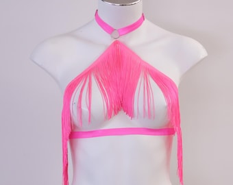 Neon Pink Glow Blacklight Festival Tassel Cage Bralette: Rave Halter Top, Exotic Stripper Dancewear