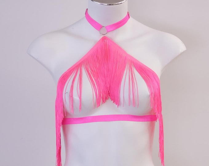 Neon Pink Glow Blacklight Festival Tassel Cage Bralette: Rave Halter Top, Exotic Stripper Dancewear