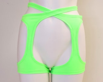 Neon Green Rave Festival Shorts: High Waist Garter Dancewear Clothing