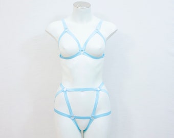 Pastel Lingerie: Pastel Goth, Festival Harness, Rave Outfit, Exotic Dancewear, Blue Body Harness, Blue Cage Bra, Blue Harness Underwear