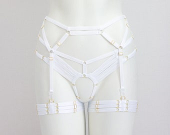 Wedding Garter Belt Set: Wedding Lingerie, White Lingerie, White Garter Belt, Harness Cage Garter, Waist Garter Belt, Glow UV Fashion, Rave