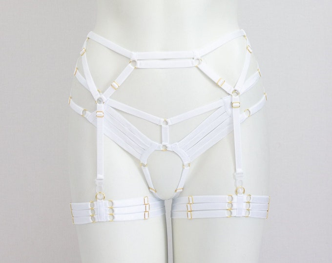 Wedding Garter Belt Set: Wedding Lingerie, White Lingerie, White Garter Belt, Harness Cage Garter, Waist Garter Belt, Glow UV Fashion, Rave
