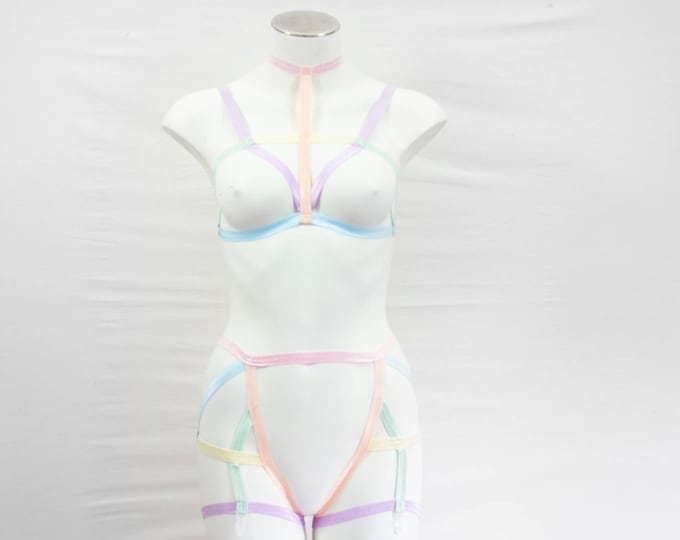 Pastel Lingerie: Rainbow Clothing, Pastel Goth, Body Harness Lingerie, Cage bralette, Garter Belt, Open Crotch, High Waist, Strappy Harness