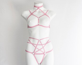 Pentagram Clothing: Dusty Rose Lingerie, Body Harness Woman, Pastel Goth, Witch Clothing, Festival Fashion, Gothic, Exotic Dance Outfit