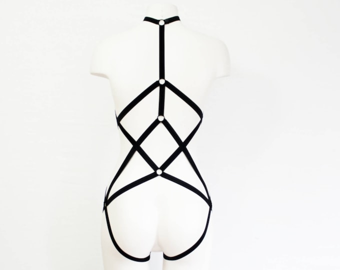 Black Body Harness: Black Fashion, Festival Bodysuit, Strappy Lingerie, Gothic Fashion, Exotic Dancewear, Rave Outfit, Geometric, Harness