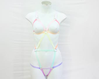 Pastel  Rainbow Body Harness Lingerie: Rainbow Fashion, Pastel Goth, Unicorn Clothing, Festival Outfit, Strappy Lingerie, Exotic Dancewear