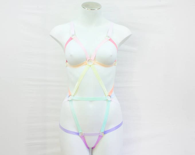 Pastel  Rainbow Body Harness Lingerie: Rainbow Fashion, Pastel Goth, Unicorn Clothing, Festival Outfit, Strappy Lingerie, Exotic Dancewear