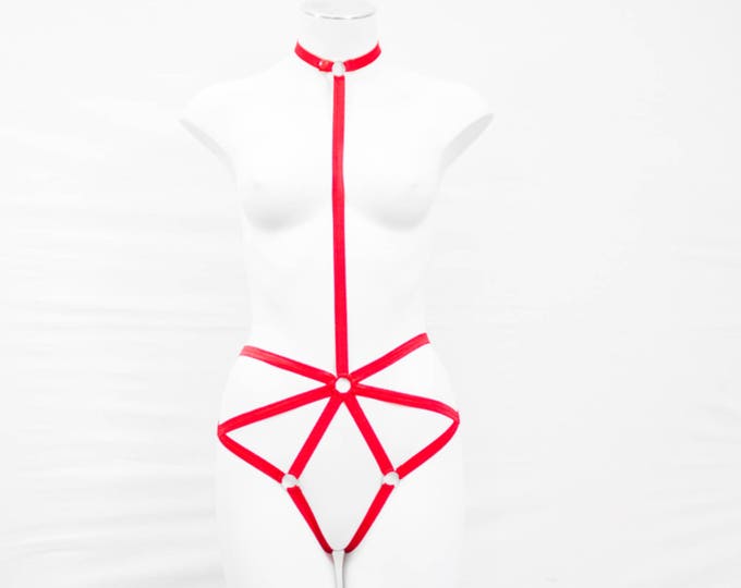 Red Cage Harness Body Lingerie: Open Pantie, Strappy Outfit, Plus Size Clothing, Women's Fashion, Exotic Dancewear, Red Thong,