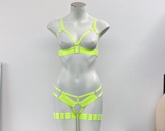 Rave Festival Harness: Neon Yellow Body Harness Lingerie, Exotic Dancewear, Burlesque Outfit, UV Blacklight Reactive, Pin Up, Neon Lingerie