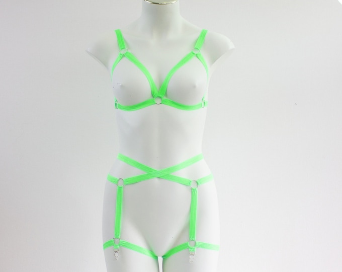 Neon Green Body Harness Body Cage Lingerie: Festival Fashion, Rave Outfit, Exotic Dancewear, Strappy Lingerie, Green Garter Belt, Glow UV
