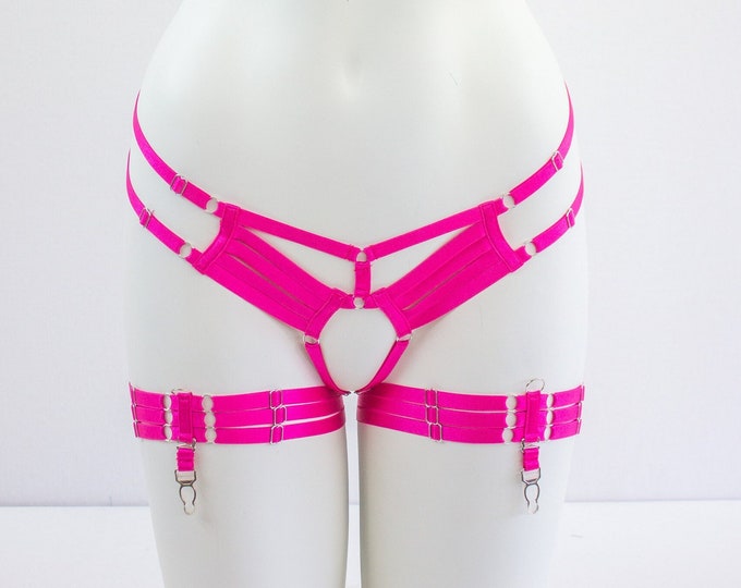Pink Body Harness Lingerie: Pink Panties, Open Crotch Knickers, Strappy Panties, Pink Leg Garter Belt, Adjustable Harness, Pink DDLG Costume