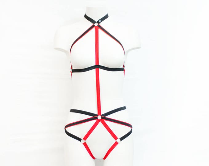 Black and Red Lingerie Body Harness Cosplay Harley Pool Strappy Exotic Dancewear Open Crotch Plus Size Bralette Thong Halter Top Dead Quinn