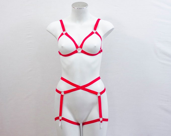 Sexy Red Lingerie: Body Harness Set, Cage Bralette, Red Garter Belt, Pin Up Lingerie, Burlesque, Boudoir, Devil Costume, Exotic Dancewear