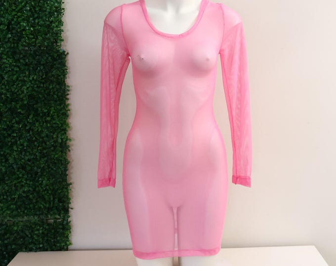 Pink Dress Mesh, Long Sleeve Body Con Dress, Festival Rave Fashion, Stripper Floor Clothing, Exotic Dancewear