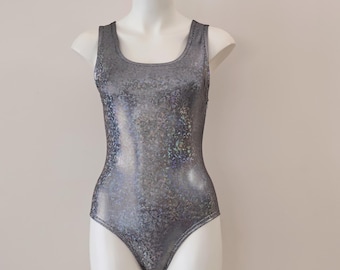 Holographic Rainbow Tank Bodysuit: Festival Rave Dancewear Outfit Playsuit (Silver)