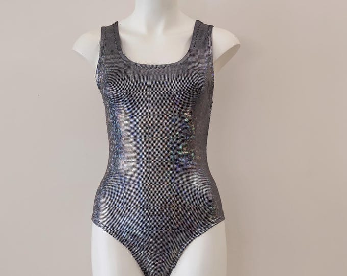 Holographic Rainbow Tank Bodysuit: Festival Rave Dancewear Outfit Playsuit (Silver)