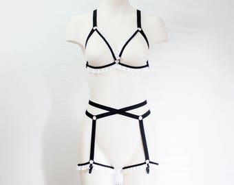 Black White Lingerie: Maid Costume, Harness Lingerie, Bralette, Garter Belt, BDSM Lingerie, Body Harness Plus Size Lingerie Cut Out Lingerie